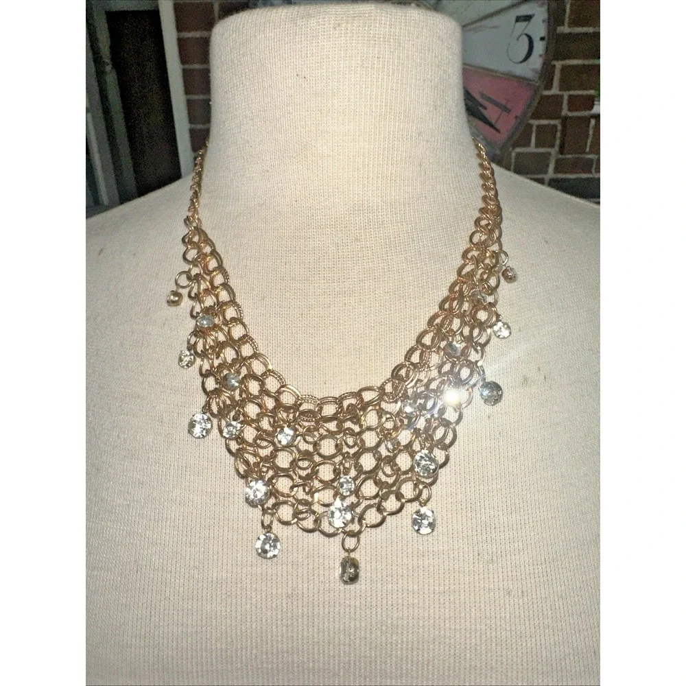 Vintage Y2K Gold Tone Clear Crystal Mesh Bib Waterfall Statement Necklace Glam